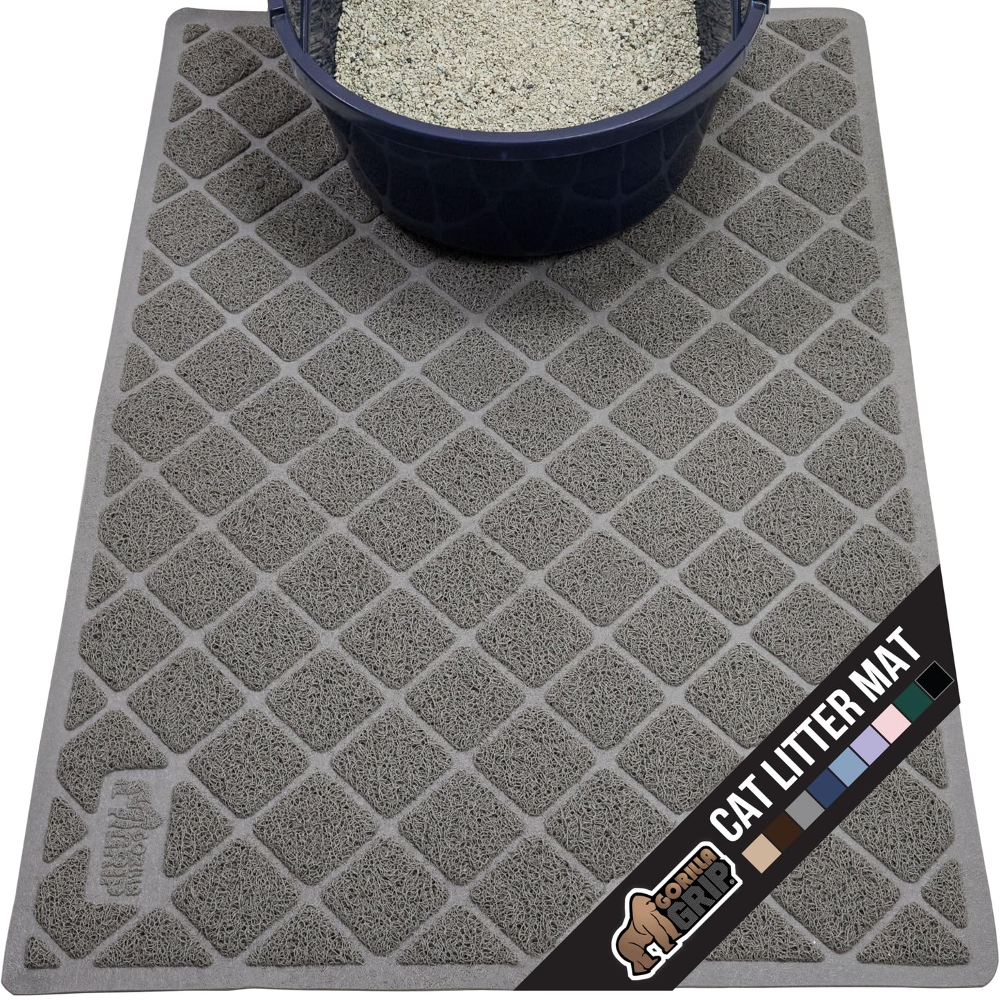 GORILLA GRIP Cat Litter Box Mat, 35x23, Water Resistant, US Designed Kitty Litter Trapping Mats, Easy to Clean, Scatter Control, Less Mess and Clean Floors, Kitten Supplies for Indoor Cats, Gray