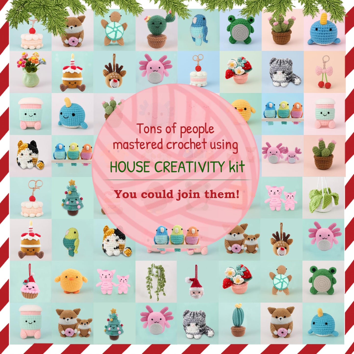 HOUSE CREATIVITY Christmas Crochet Kit for Beginners – Make Santa Claus & Reindeer Ornaments, Amigurumi Crochet Starter Kit with Video Tutorial, Yarn & Hook, DIY Holiday Tree Decor Gift