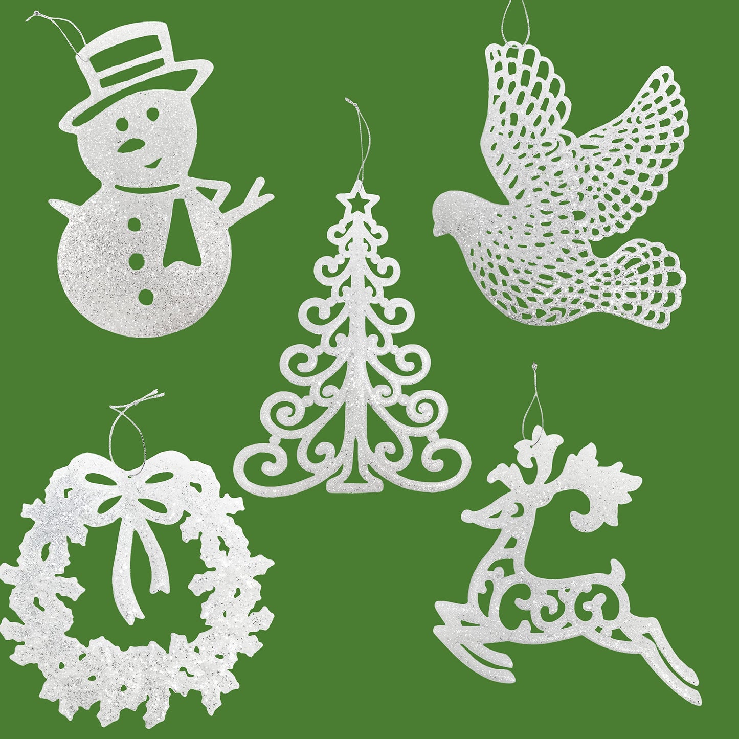 White Christmas Tree Ornaments Set of 5 – Large Glittered Holiday Decorations with Snowman, Reindeer, Dove, Wreath & Christmas Tree – 9” Shatterproof Hanging Ornaments for Winter & Farmhouse Décor