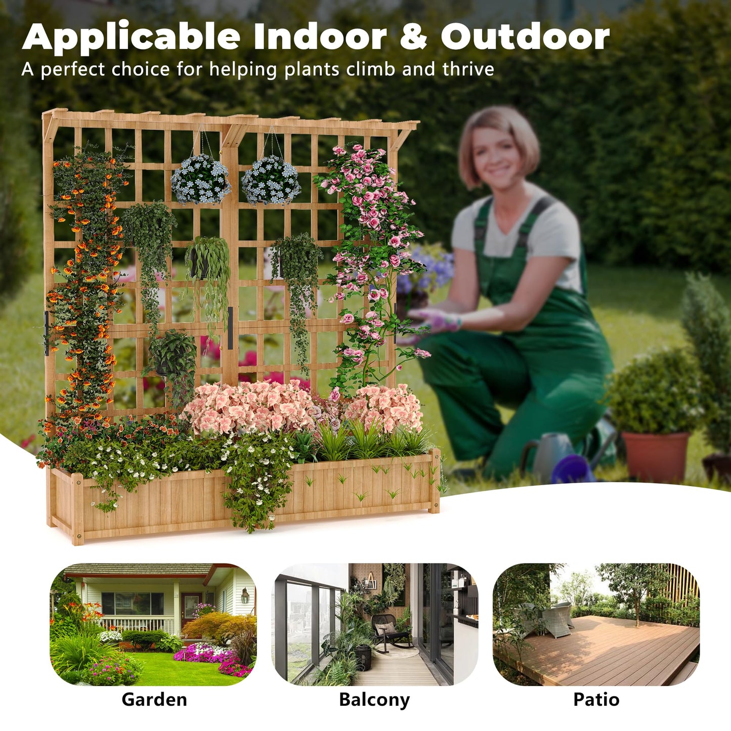 GarveeLife Two-Tier Wooden Planter Box with Trellis for Outdoor Gardens, Elevated Raised Bed for Flowers and Vegetables, 1.4 ft Deep Planter with Hanging Roof & Drainage Holes