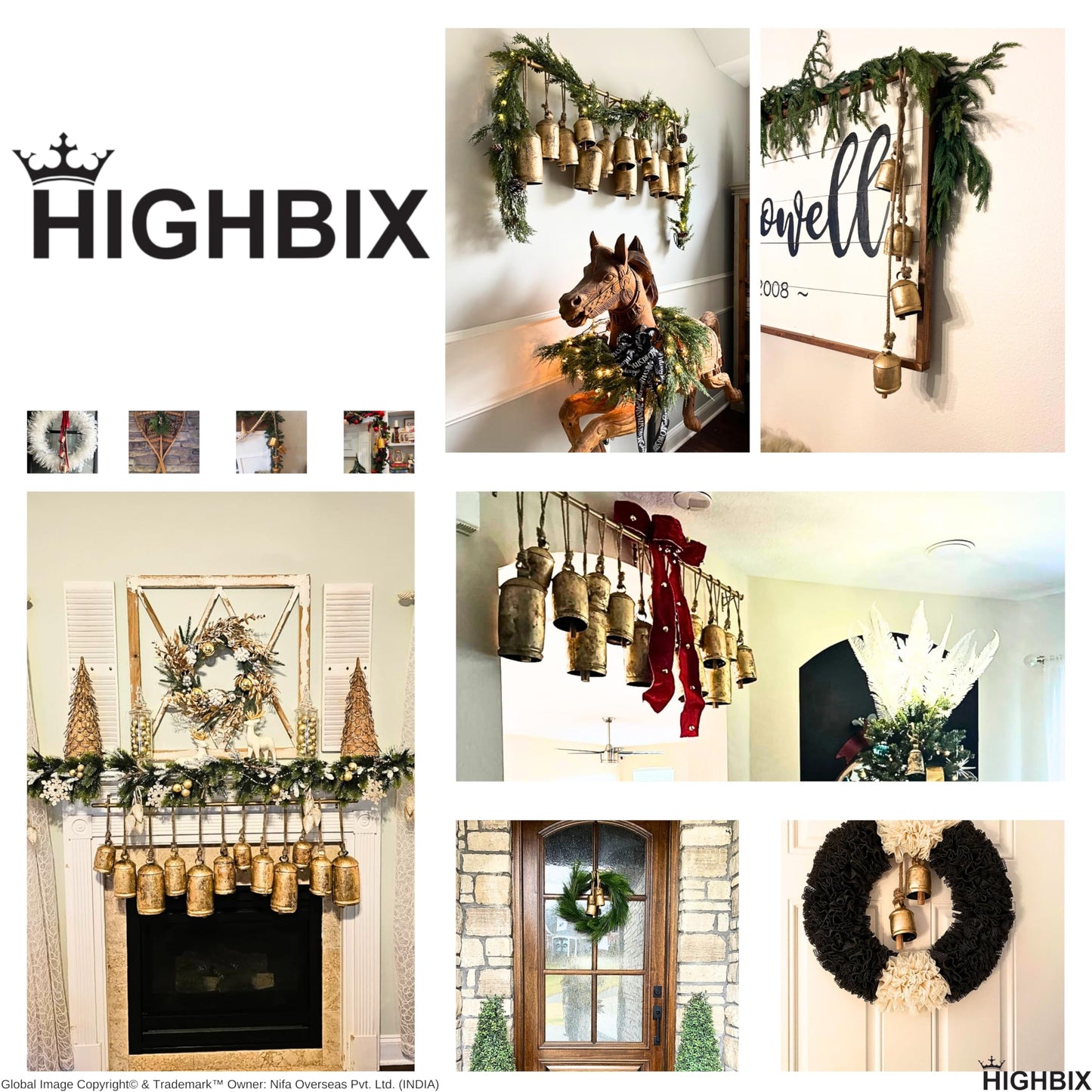 HIGHBIX Shabby Chic Floral Etching Bells on Metal Hanging Rod X-Large Handmade Farmhouse Decor, Garden Accents, and Christmas Holiday Decorations