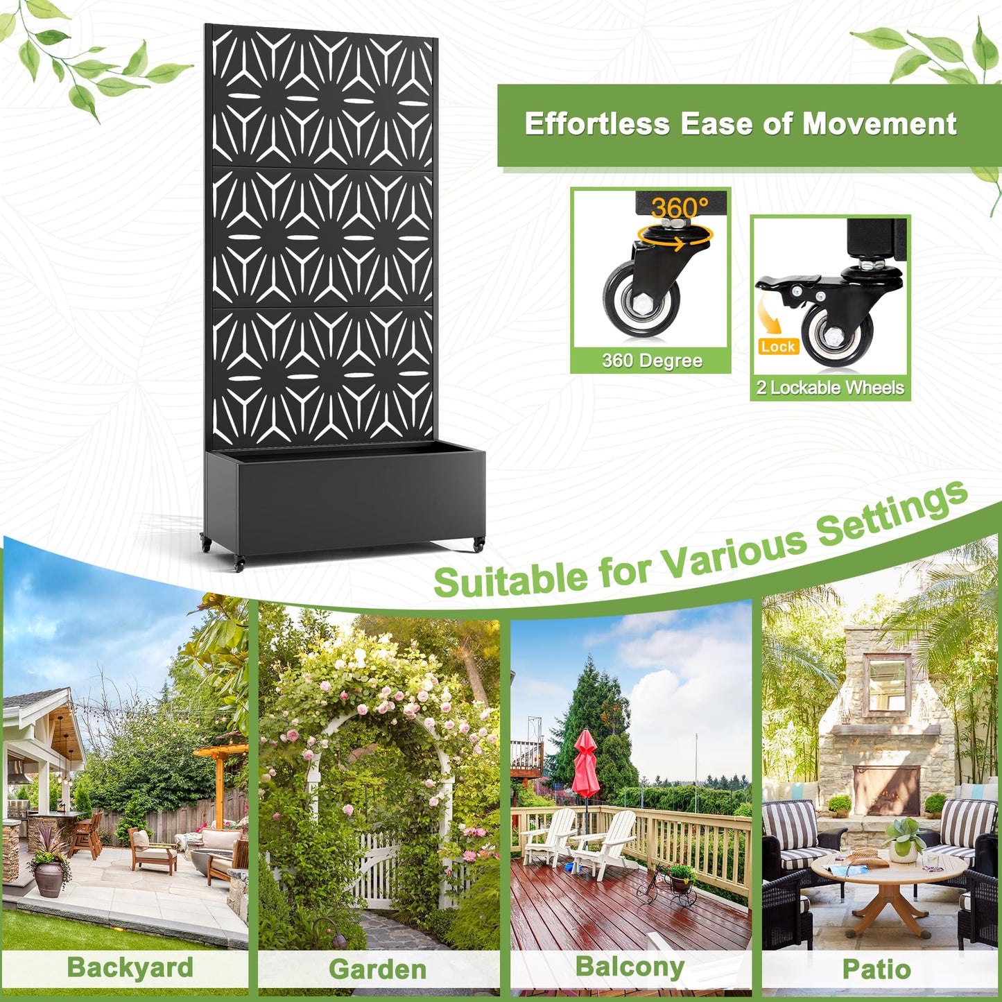 FENCY Metal Raised Garden Bed with Wheels and Trellis,73"x35"x16" Planter Box for Climbing Plants, Vegetables & Vines, Features Privacy Screen and Drainage Holes (Black-Star)