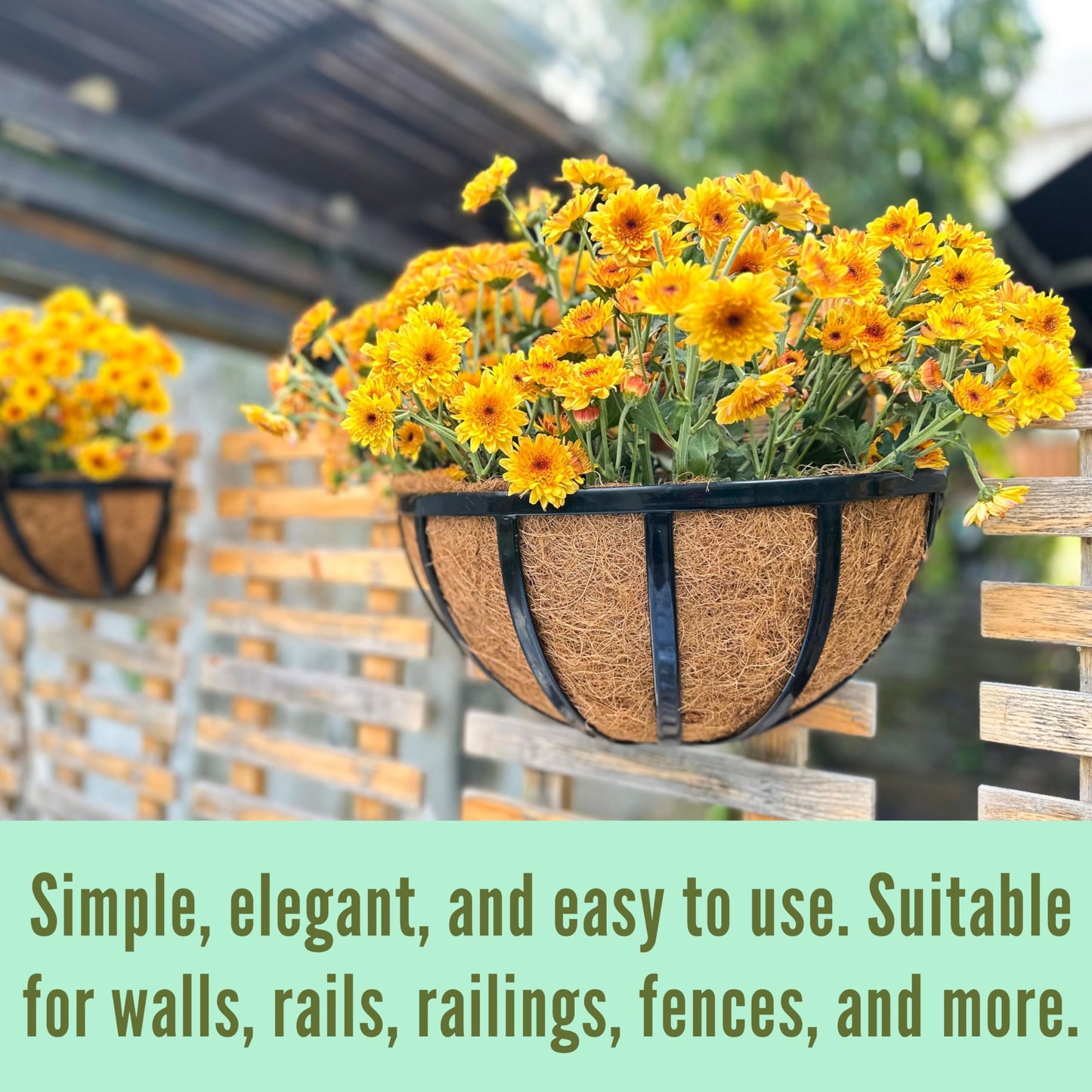 LalaGreen Wall Planters (2 Pack, 12 Inch) Black Metal Deck Railing Planter with Coco Liners, Wall Plant Holder Window Basket Flower Pots for Outdoor Plants, Horse Trough Fence, Balcony, Garden, Patio