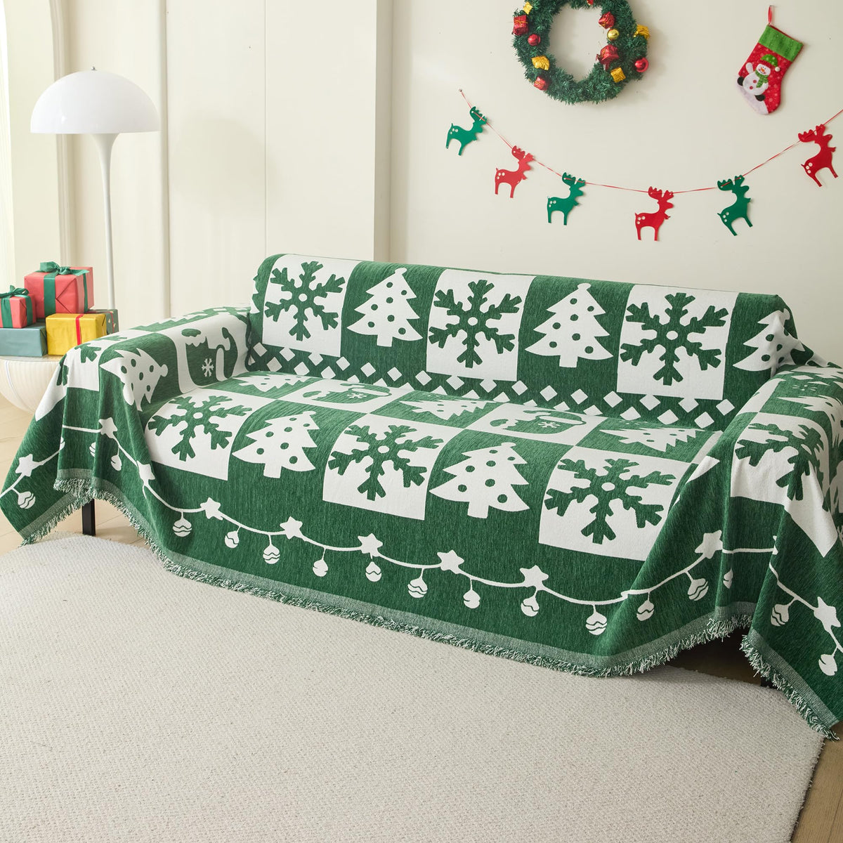 MEETSKY Christmas Couch Cover for Sectional Sofa, Chenille Loveseat Green Sofa Covers Washable for Pet Friendly Snowflake Christmas Tree Decorative Couch Covers, 71" x 102"