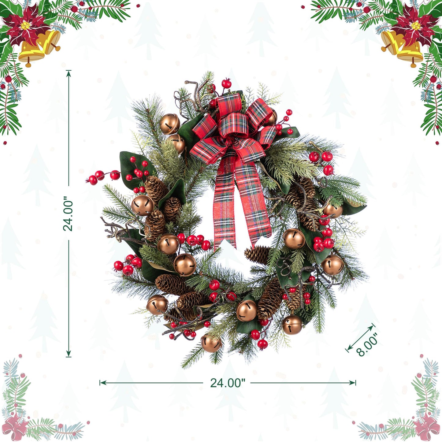 Glitzhome 24 Inch Christmas Wreath with Bell Pinecone Berry Bow, Rustic Plaid Front Door Decor for Indoor and Covered Porch, Large Holiday Decoration