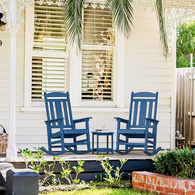 LUE BONA Rocking Chair Outdoor, Weather Resistant Poly Plastic Rocker Chairs, 350lb Heavy Duty, Oversized Porch for Adult, High Back Smooth Chairs Outdoor & Indoor, Blue