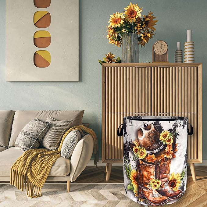 Retro Cows Laundry Basket Western Cowboy Foldable Funny Laundry Hamper Oxford