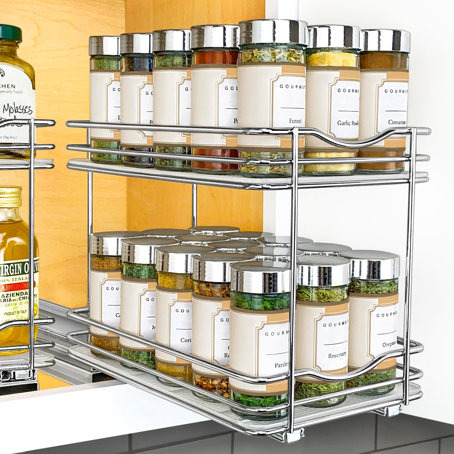 LYNK PROFESSIONAL® Pull Out Spice Organization for Cabinets - 6-3/8 inch Wide – Spice Rack for Inside Cabinets, Slide Out Spice Rack Organizer for cabinet – Pull Out Spice Rack, Sliding 2 Tier Chrome