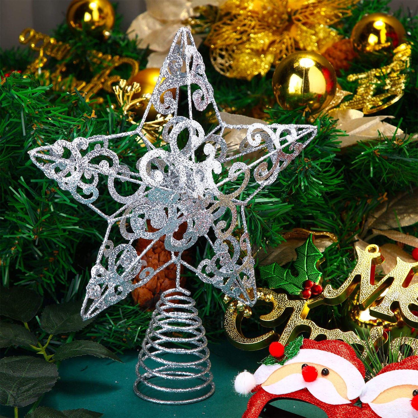 Blulu Christmas Star Tree Topper 10 Inch Glittered 3D Metal Star Treetop Topper Christmas Hollow Sequin Tree Decoration for Xmas Holiday Party Decoration Indoor(Silver)