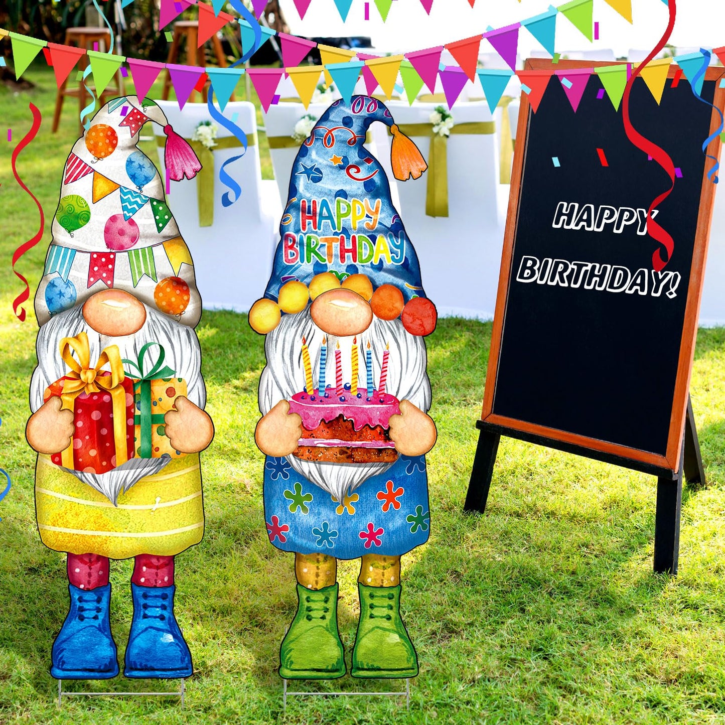 Umigy 3 Pcs 32 x 10 Inch Happy Birthday Yard Decor Outdoor Gnome Sign with Stakes Gift Boxes Cake Balloon Gnome Garden Sign Outdoor Yard Decor for Birthday Party Lawn Decorations