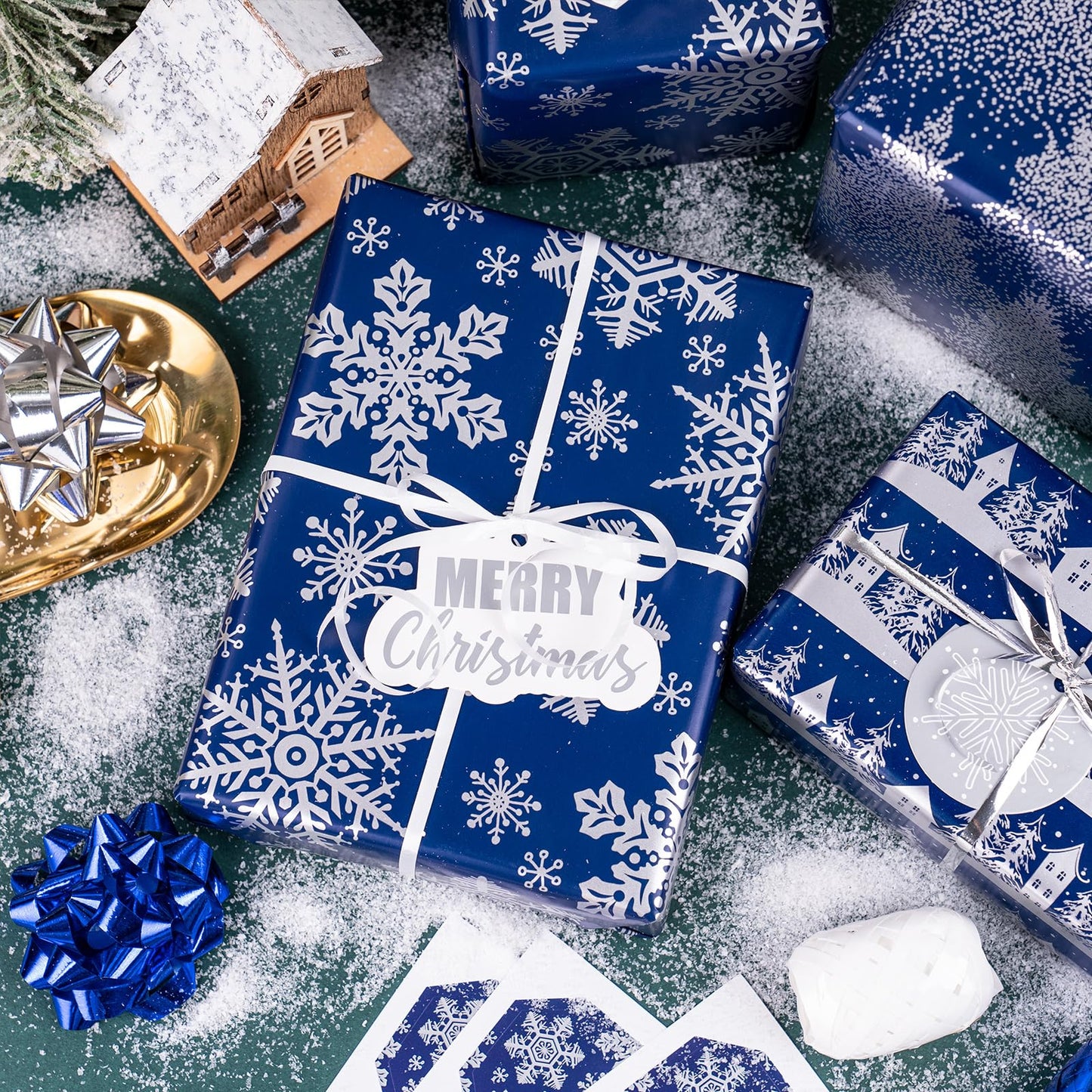 LeZakaa Christmas Wrapping Paper Bundle -Mini Roll with Bow, Ribbon, Sticker, Gift Tag -Navy with Silver Foil Design with Snowy Woodland Scenes/Snowflake/Tree-17x120 inches-3 Rolls (42.5sq.ft.ttl.)
