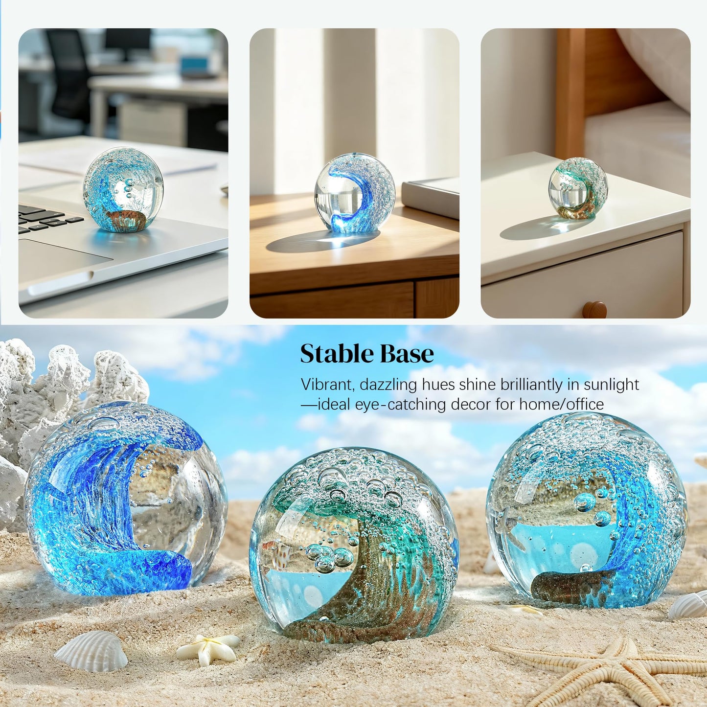 H&D HYALINE & DORA Hand Blown Glass Ocean Waves Ball Paperweight Decorative Home Office Decor Glass Art Collectible Crystal Ball Paperweight Ideal for Ocean Lovers(2.3Inch)