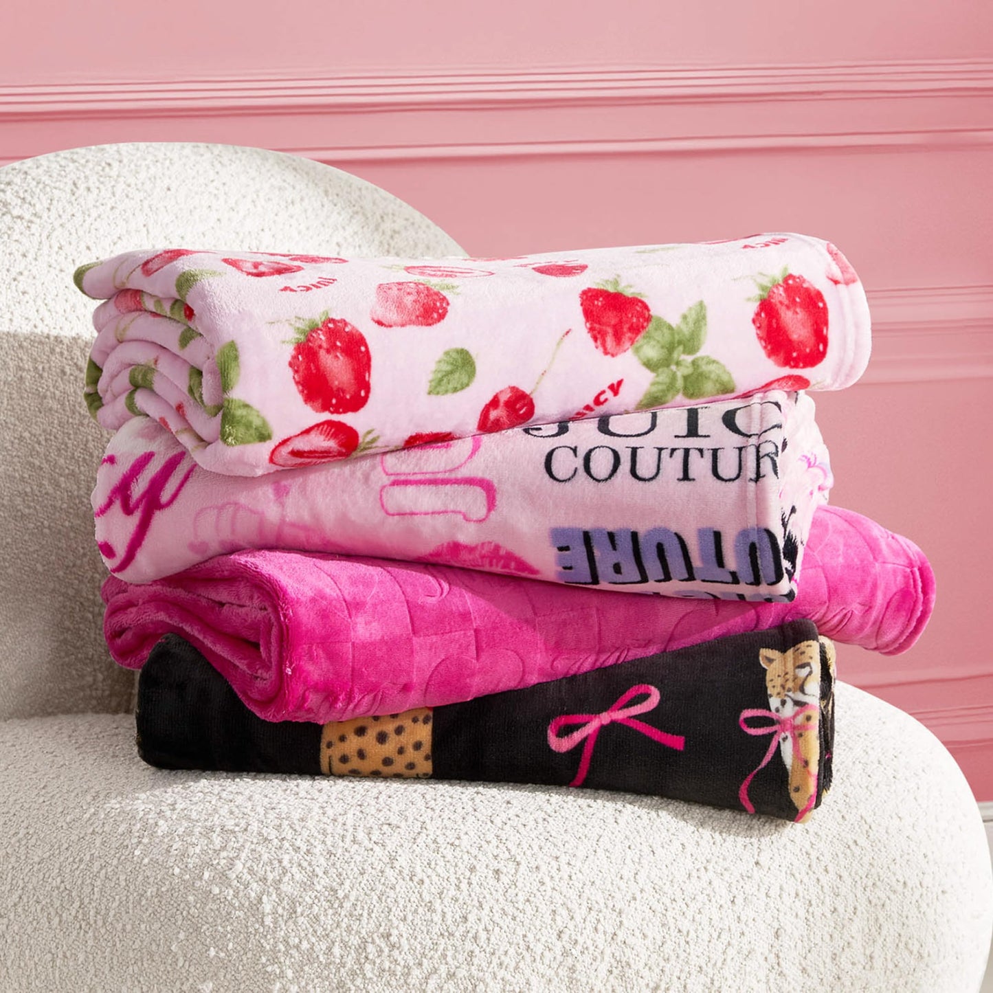 Juicy Couture Berry Happy 50" x 70" Plush Throw Blanket, Pink - Decorative Blankets for Sofas, Throws for Chairs, and Beds