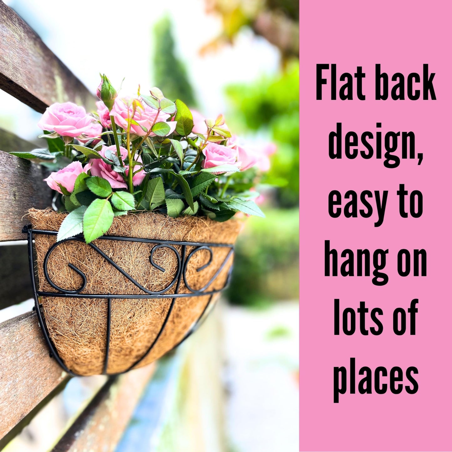 LaLaGreen Outdoor Wall Planters, 4 Pack, 14 Inch Large Balcony Planter Railings Hanging, Rail Flower Basket with Coco Liner English Horse Trough Black Metal Wire Succulent Pot Holder Deck Porch Garden