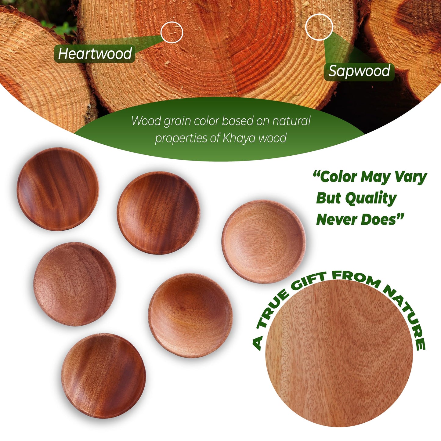 VieWood Mini Wooden Bowl Set of 4 (3.54" Diameter x 0.78" Height) for Condiments, Dip Sauce, Ketchup, Small Wood Bowl for Jam, little Prep, Olive (Round)