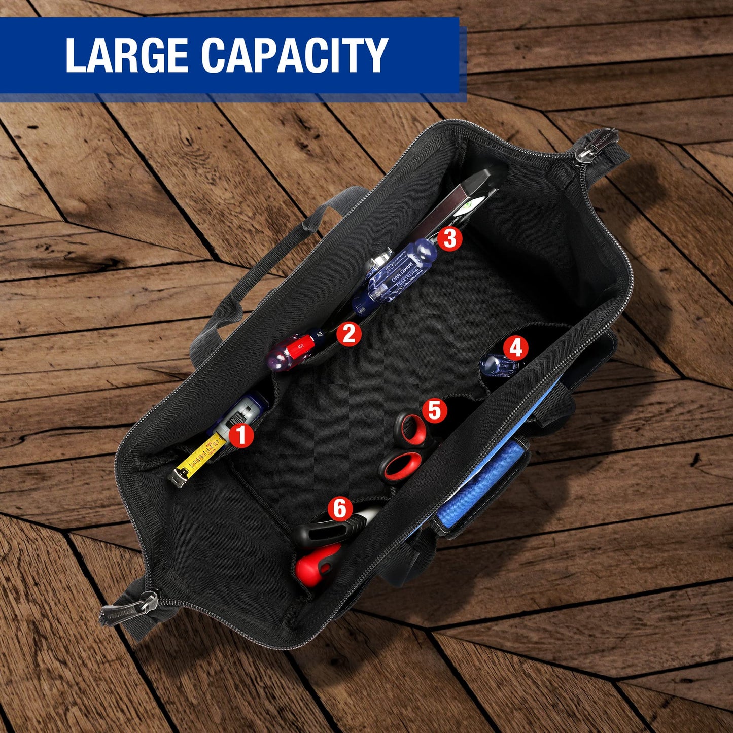 WORKPRO 18-inch, Large Heavy Duty Tool Bag Organiser, Multi-Purpose Wide Open Mouth Storage Bag, Waterproof Electricians Tool Bag with Adjustable Shoulder Strap