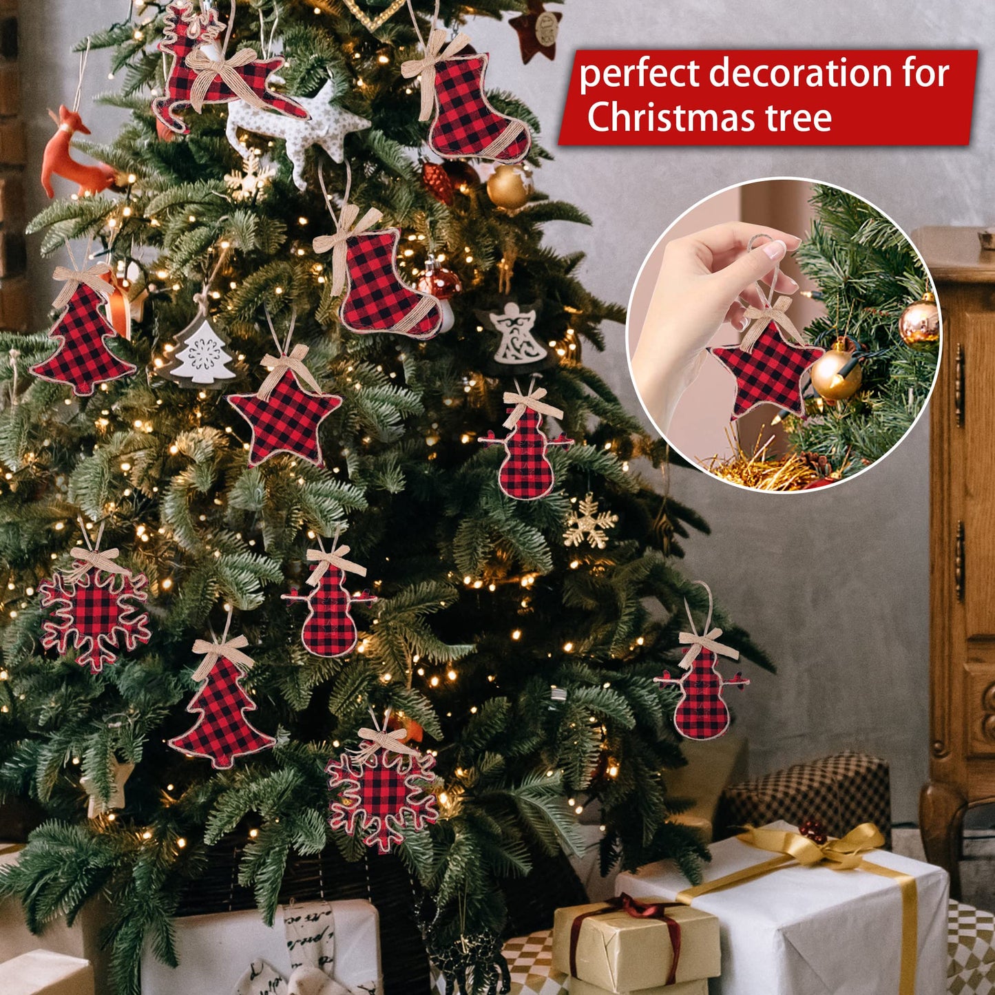 Watayo 12 PCS Christmas Plaid Hanging Ornaments-Black & Red Buffalo Check Plaid Burlap Hanging Ornaments-Tree Ball Bell Stocking Shaped Hanging Decor for Home Xmas Party Decorations Gift