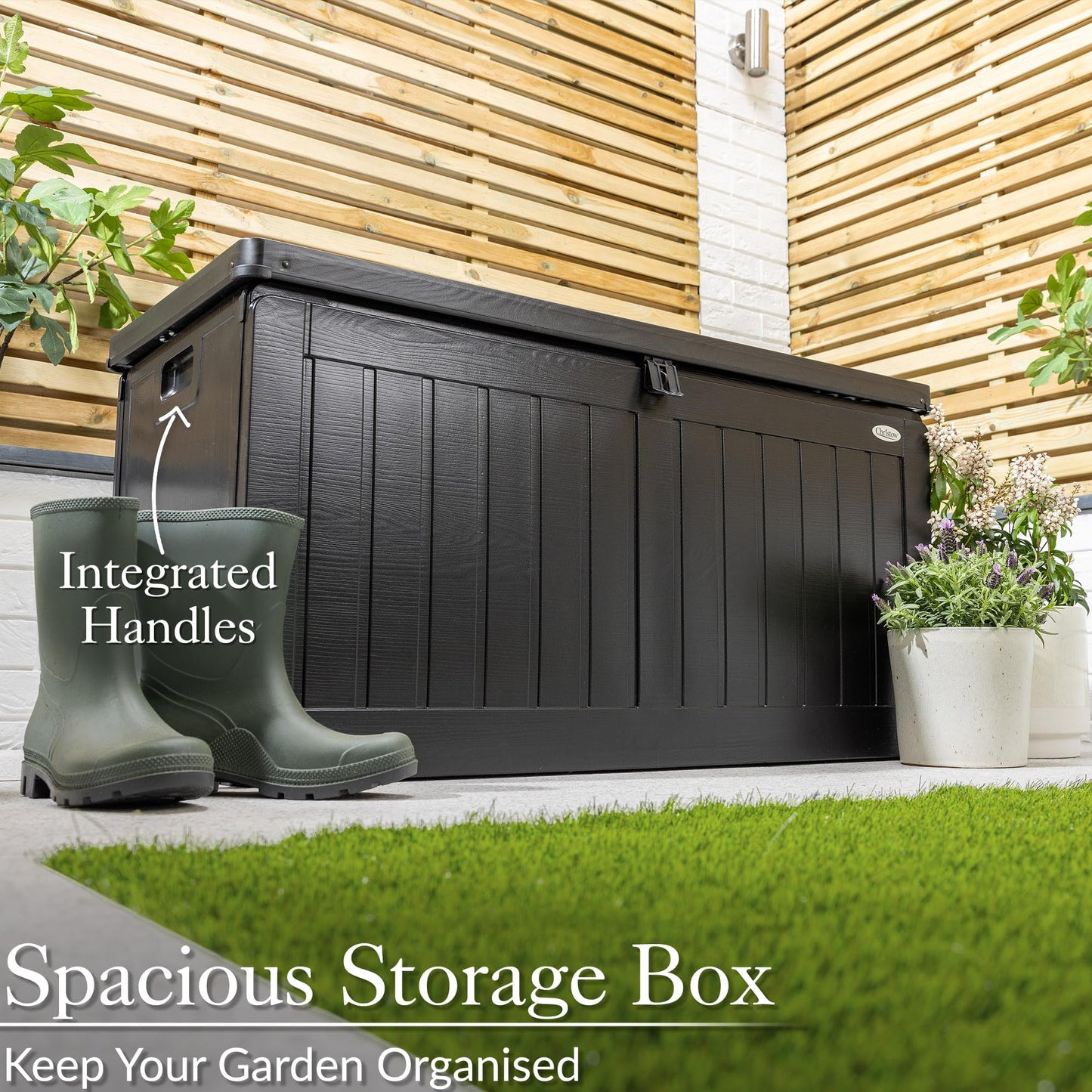 CHRISTOW Waterproof Garden Storage Box With Lockable Lid, Plastic Wood Effect Outdoor Storage Box, Aluminium Hinges, 190L