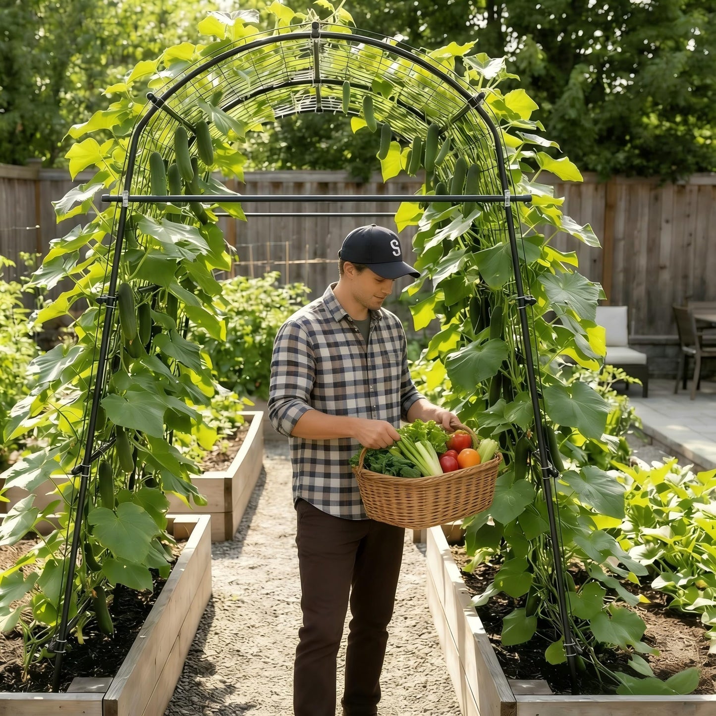 7Ft Adjustable Garden Arch Trellis for Climbing Plants Outdoor, Heavy Duty Rustproof Stainless Steel Cucumber Trellis for Raised Beds, Tall Metal Plant Support for Tomato, Squash, Beans, Flowers