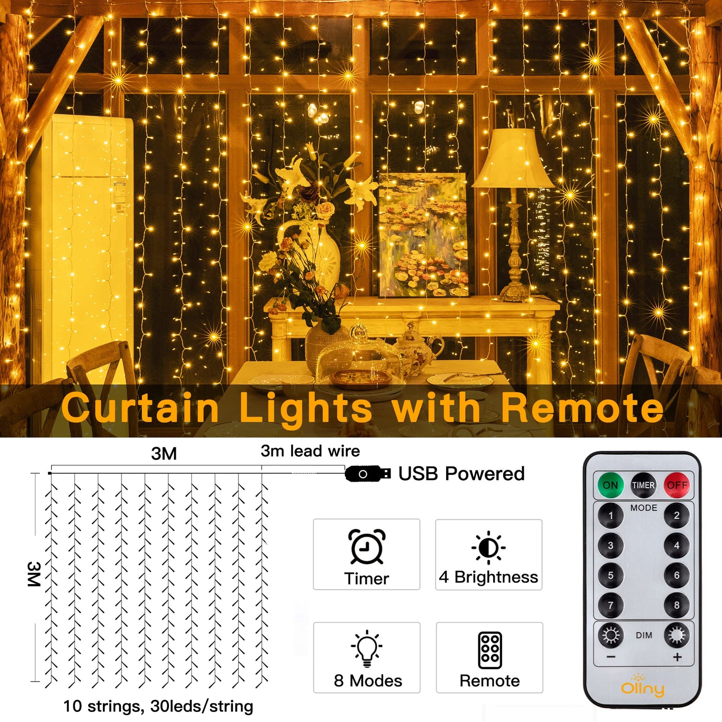 Ollny Curtain Lights Indoor, 300 LED 3m x 3m Fairy Lights USB Powered, Waterproof Warm White String Light with 8 Modes/Timer/Remote, Bedroom/Wall/House/Garden Decorations