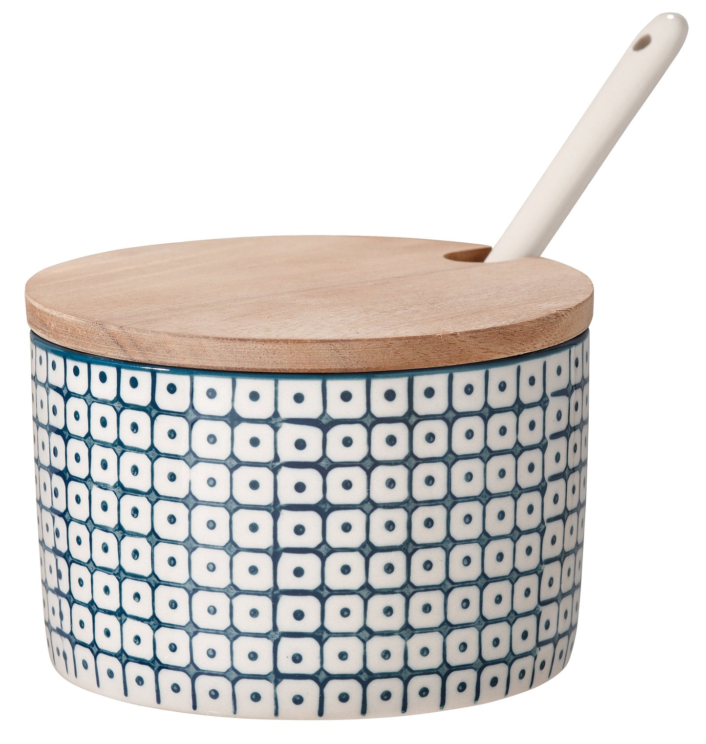 Bloomingville Ceramic Sugar Bowl with Bamboo Lid/Spoon Carla - Jar for salz, jam, mustard Dia 4'' H 2.75'', blue, Stoneware, content 8.75 fl oz