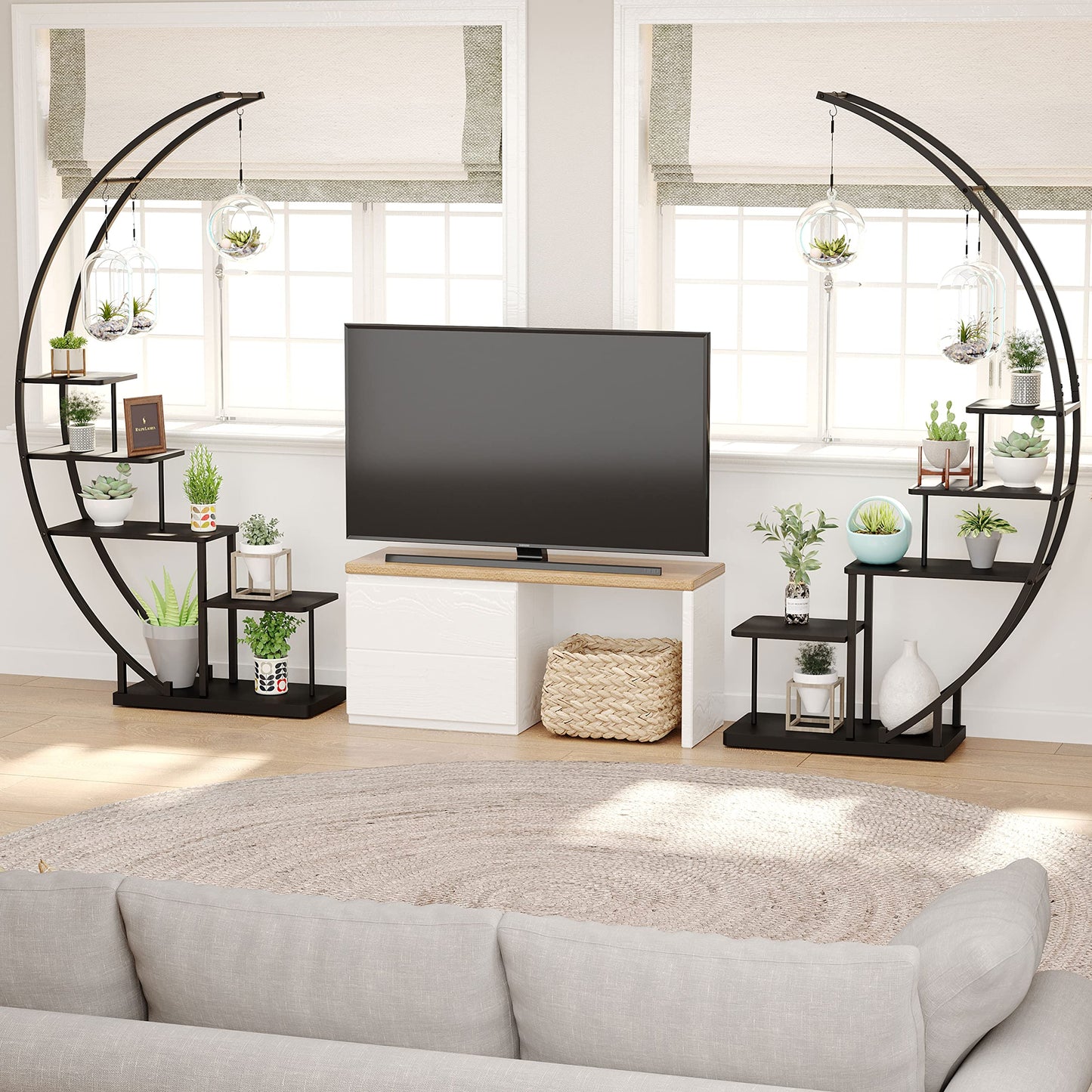 5 Tier Metal Plant Stand Indoor, 67.25“ Tall Half Moon Shape Multiple Stand Holder Shelf Planter Display, Hanging Shelf Flower Stand Ladder for Patio Garden Living Room, Black Set of 2