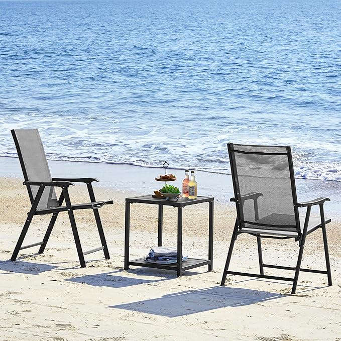 Yaheetech Patio Dining Chairs Set of 2 with Armrests, Outdoor Folding Chairs with Metal Frame and Backrest for Lawn, Garden, Yard and Poolside, Gray