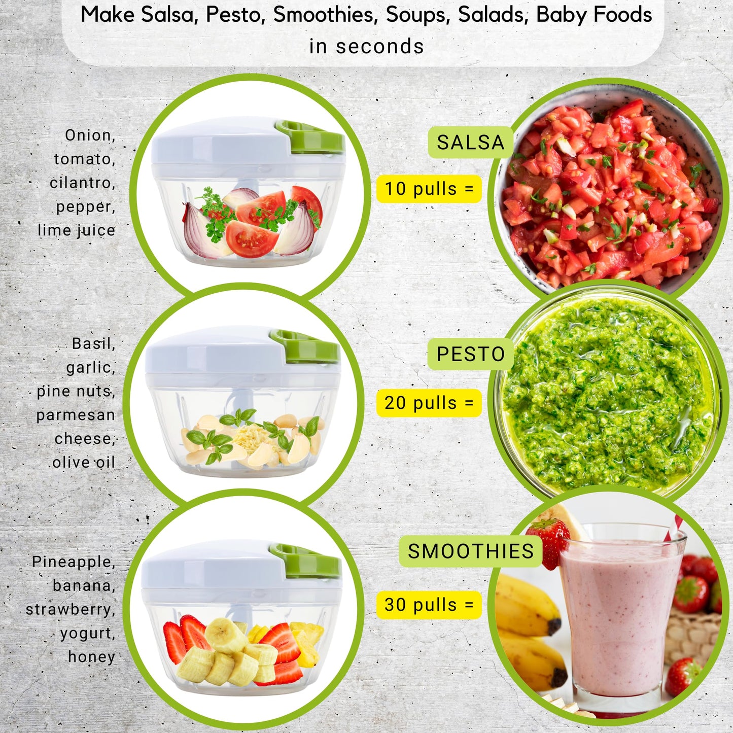 Brieftons Manual Food Chopper, Compact & Powerful Hand Pull Chopper Blender to Chop Onion, Garlic, Vegetables, Fruits, Herbs for Salsa, Salad, Pesto, Hummus, Coleslaw, Puree, Indian Cooking
