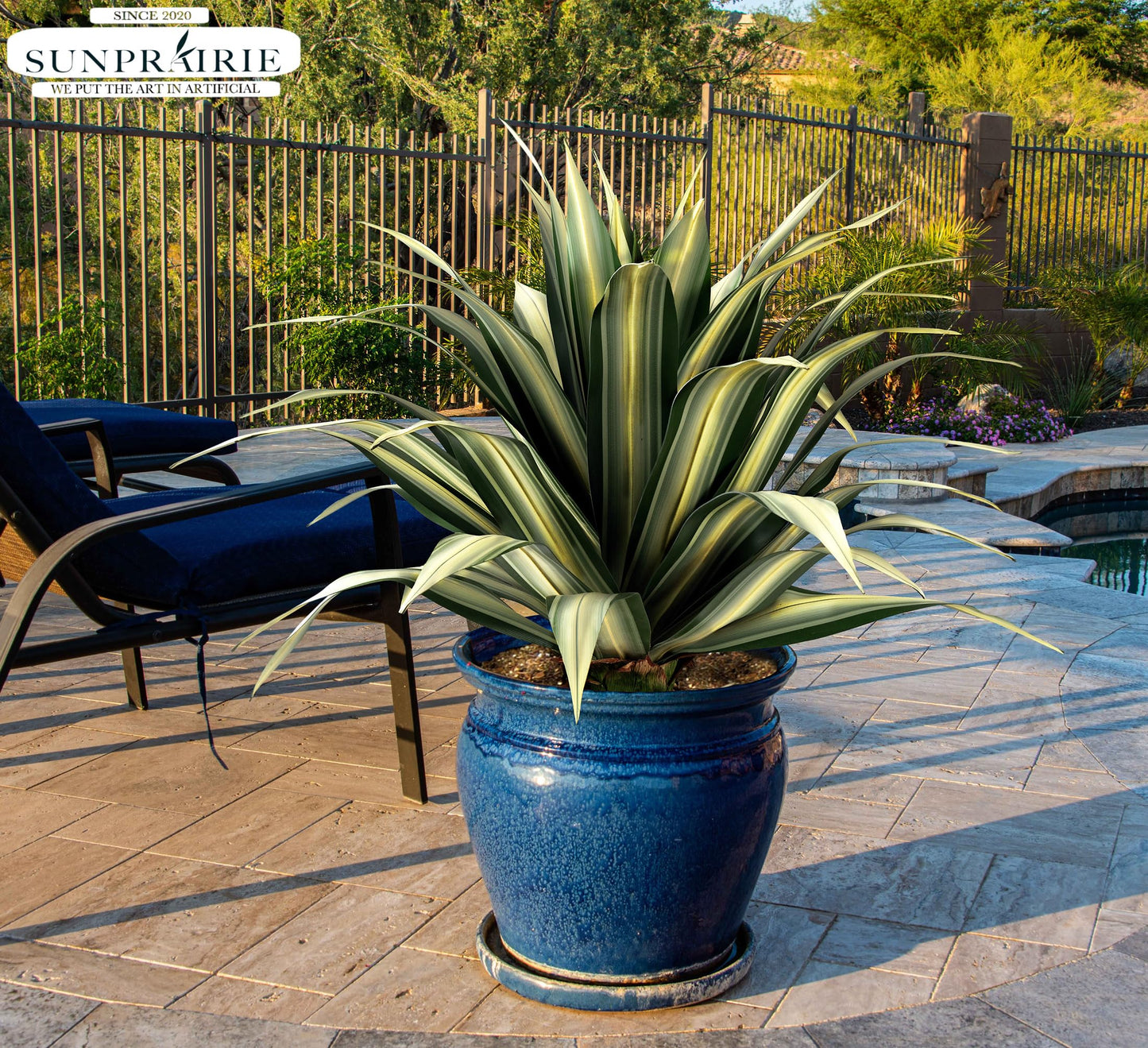 SUNPRAIRIE Life-Like Extra Large 34 Inch Tall Artificial Agave Plant. Cream Leaves with Textured Dark Green Stripes. UV Resistant Faux Plants. Outdoor and Indoor Large Artificial Plants.