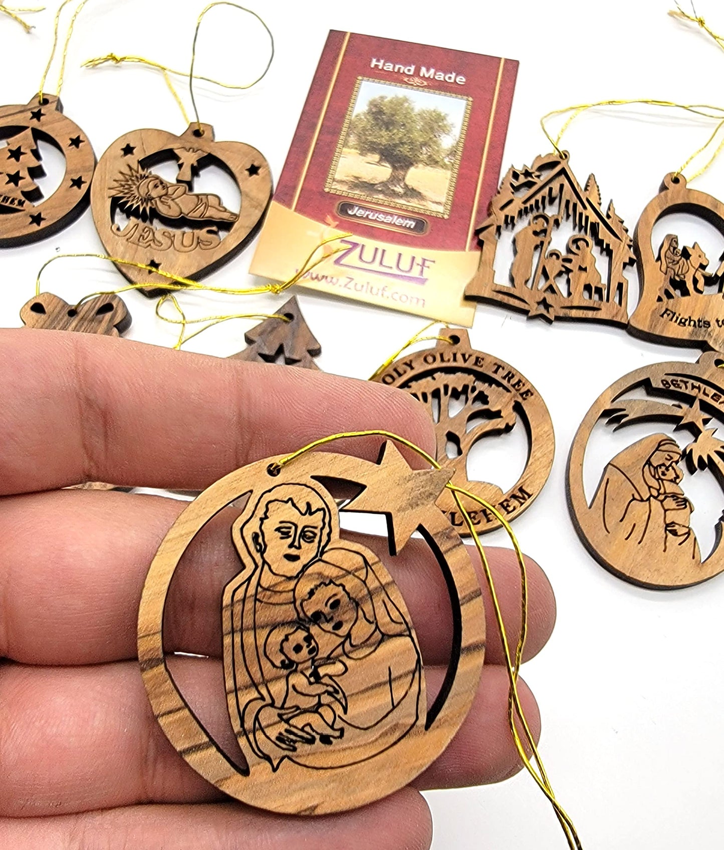 Zuluf 12-Piece Olive Wood Ornament Collection - Authentic Nativity & Bethlehem Star Designs, Religious Christian Christmas Tree Adornments