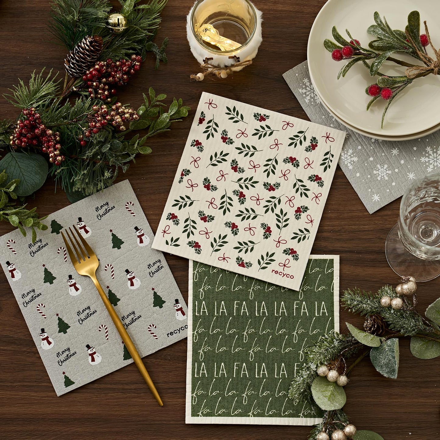 RECYCO 4 Pack Christmas Swedish Dishcloths for Kitchen | Jolly Holiday Washable Dish Towels | Cellulose Reusable Cleaning Paper Towels | Absorbent Counter Dish Cloth Sponge Kitchen Wipes, 7" x 8"