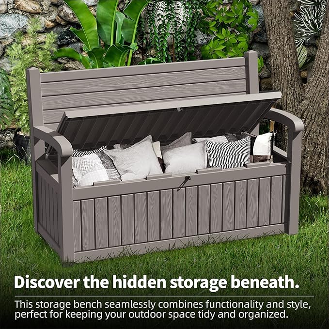 80 Gallon Outdoor Storage Bench Deck Box Waterproof Lockable,Outdoor Storage Furniture for Patio,Garden and Porch,Tools and Cushions(Grey Stripe)