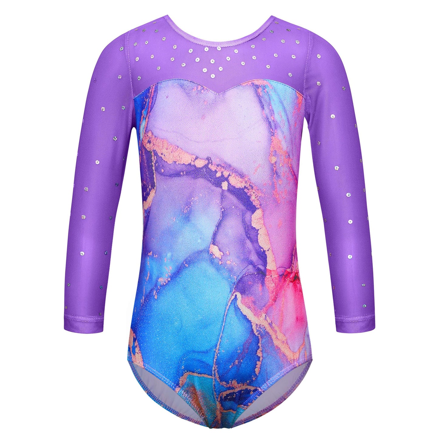TFJH Leotard for Girls Gymnastic Outfits 3/4 Sleeve Athletic Ballet Dancewear Tumbling Wear Purple Marble 4A