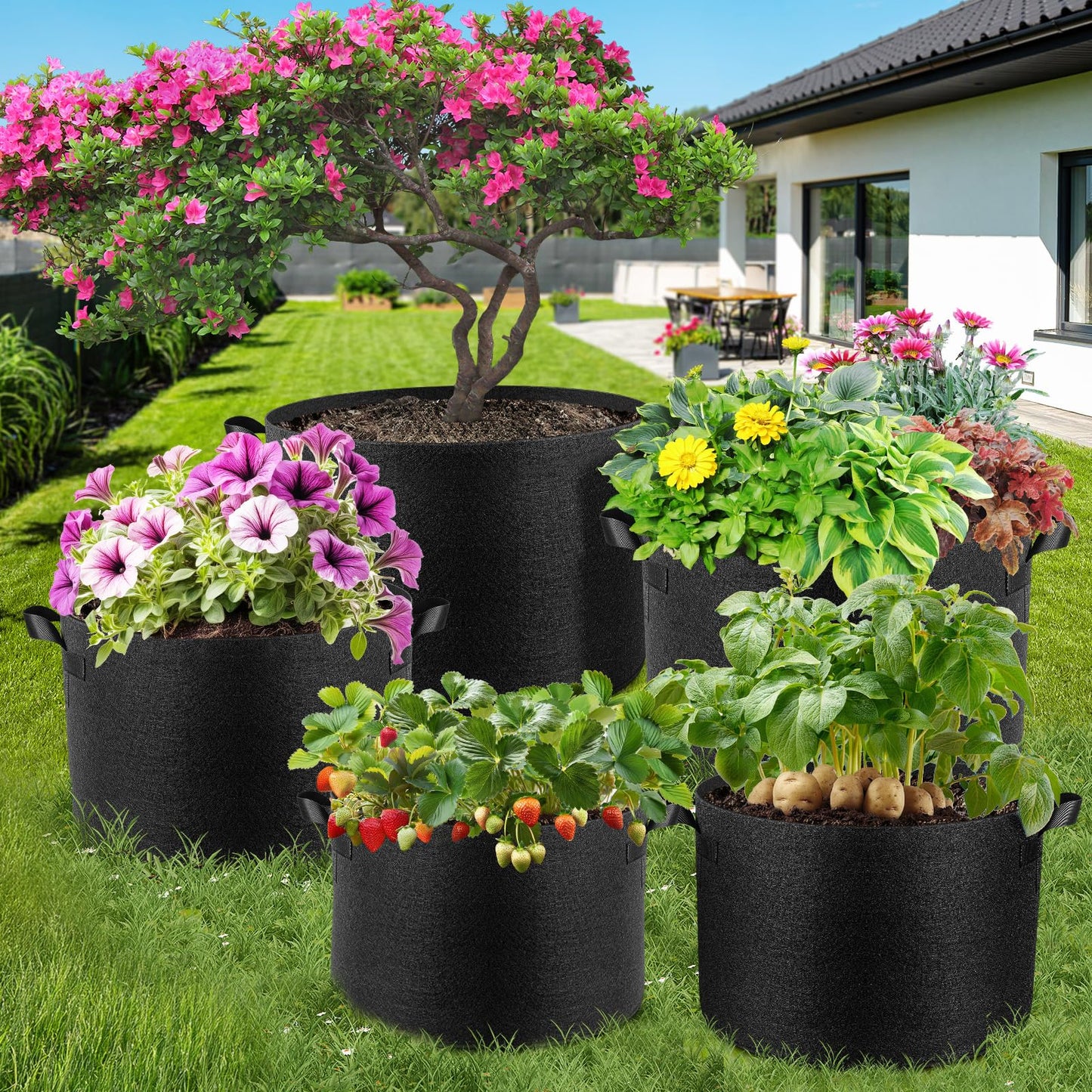 Jorvila 5 Pack 15 Gallon Grow Bags, Thickened Nonwoven Fabric Planter Pots with Handles, Heavy Duty 300G Garden Pots for Tomato, Potato and Vegetable