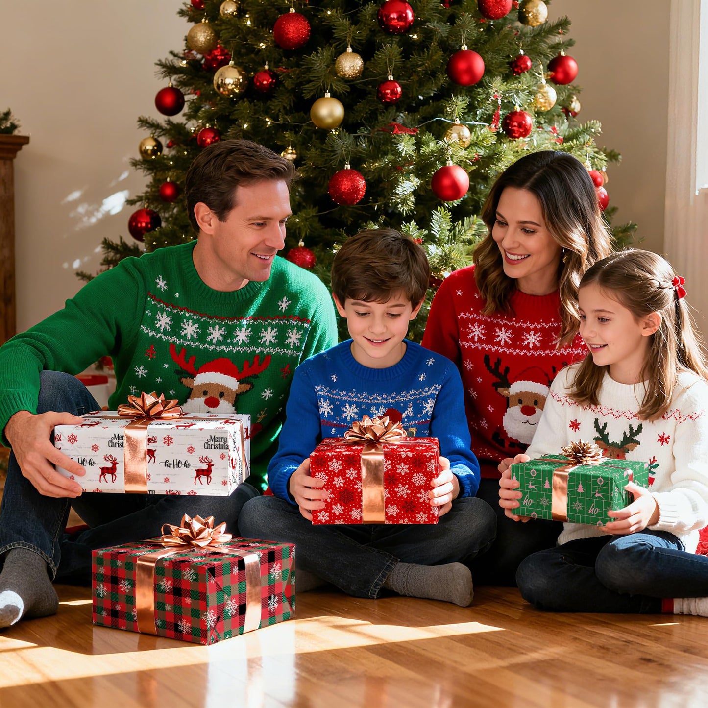MotiGiftie Christmas Wrapping Paper for Kids Adults - Xmas Wrapping Paper with Red/Green Plaid, Reindeer, Snowflakes, “Ho Ho” Xmas Trees - 20 x 28 Inches, 8 Folded Sheets, Easy to Store