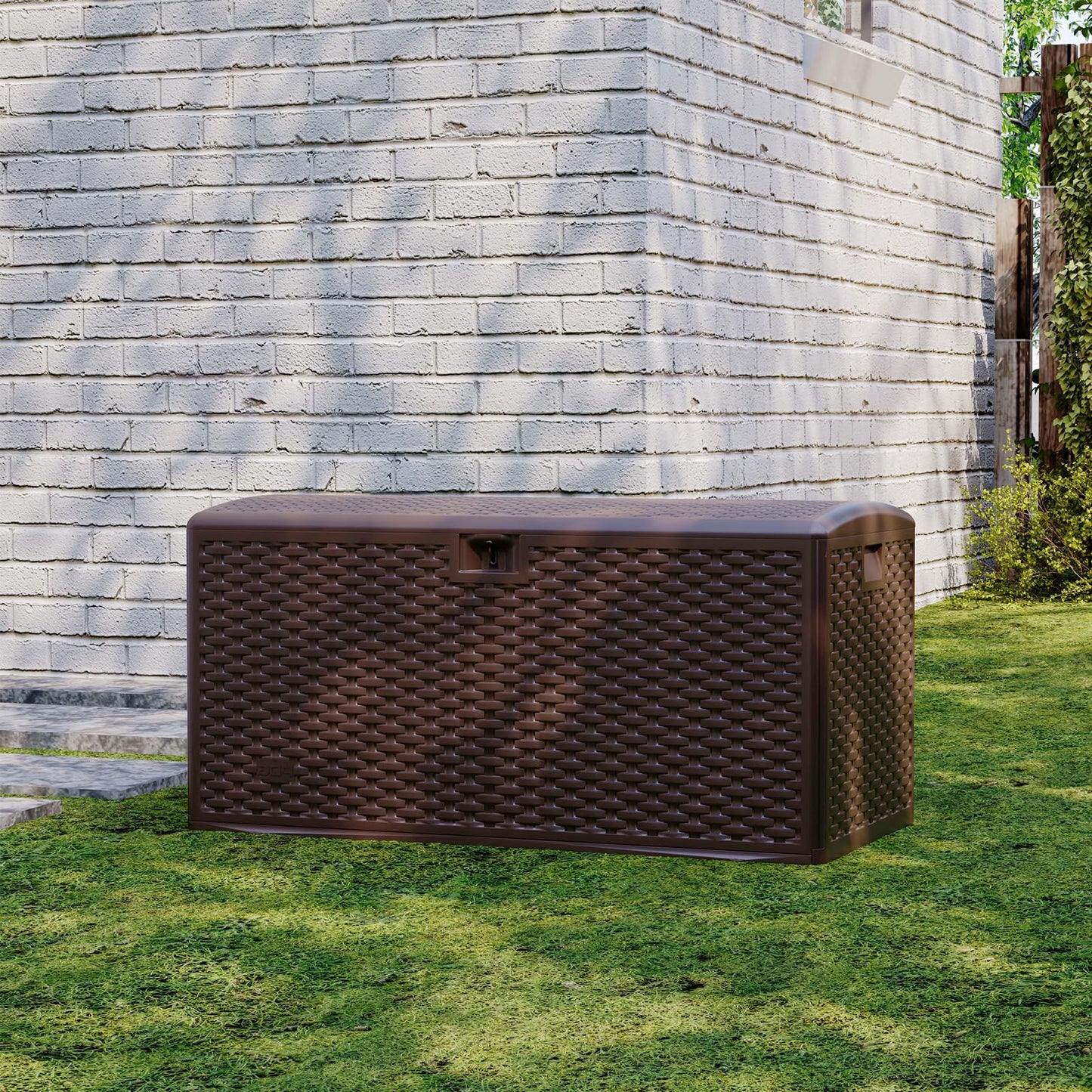 120 Gallon Waterproof Large Resin Deck Box Indoor Outdoor, Lockable Storage Container for Patio Furniture Cushions, Throw Pillows, Garden Tools, and Pool Floats, Brown
