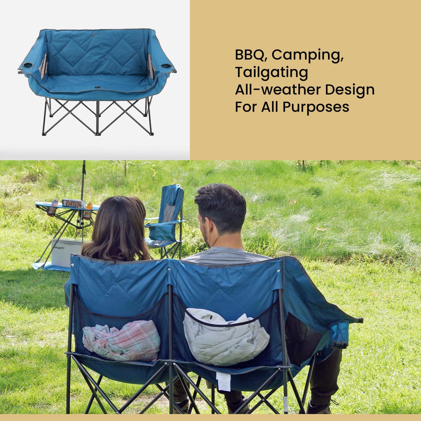 ARROWHEAD OUTDOOR 2-Pack Portable Folding Double Duo Camping Chair Loveseat w/ 2 Cup & Wine Glass Holder, Carrying Bag, Supports up to 650lbs