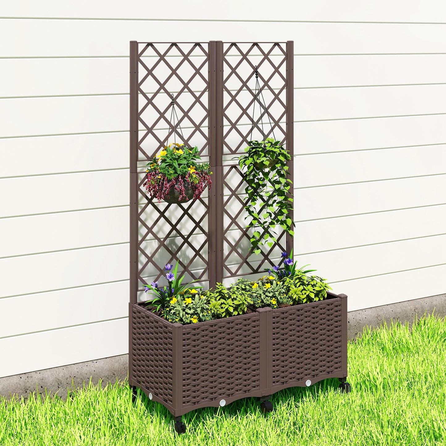 Outsunny Planter Box with Trellis, Self Watering Raised Garden Bed with Lockable Wheels, 56.3" Trellis Privacy Planter with Drainage Holes for Climbing Plants, Vines, Vegetables, Flowers, Brown