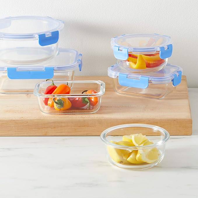 Amazon Basics Glass Food Storage Containers, Leak Proof, Oven Safe, Stain