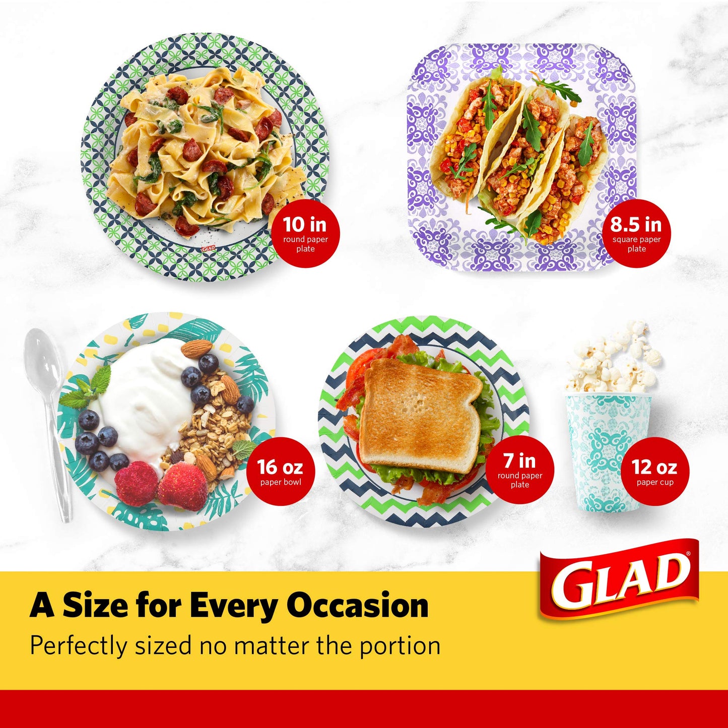 Glad Round Disposable Paper Plates for All Occasions | Soak Proof, Cut Proof, Microwaveable Heavy Duty Disposable Plates | 8.5" Diameter, 50 Count Bulk Paper Plates