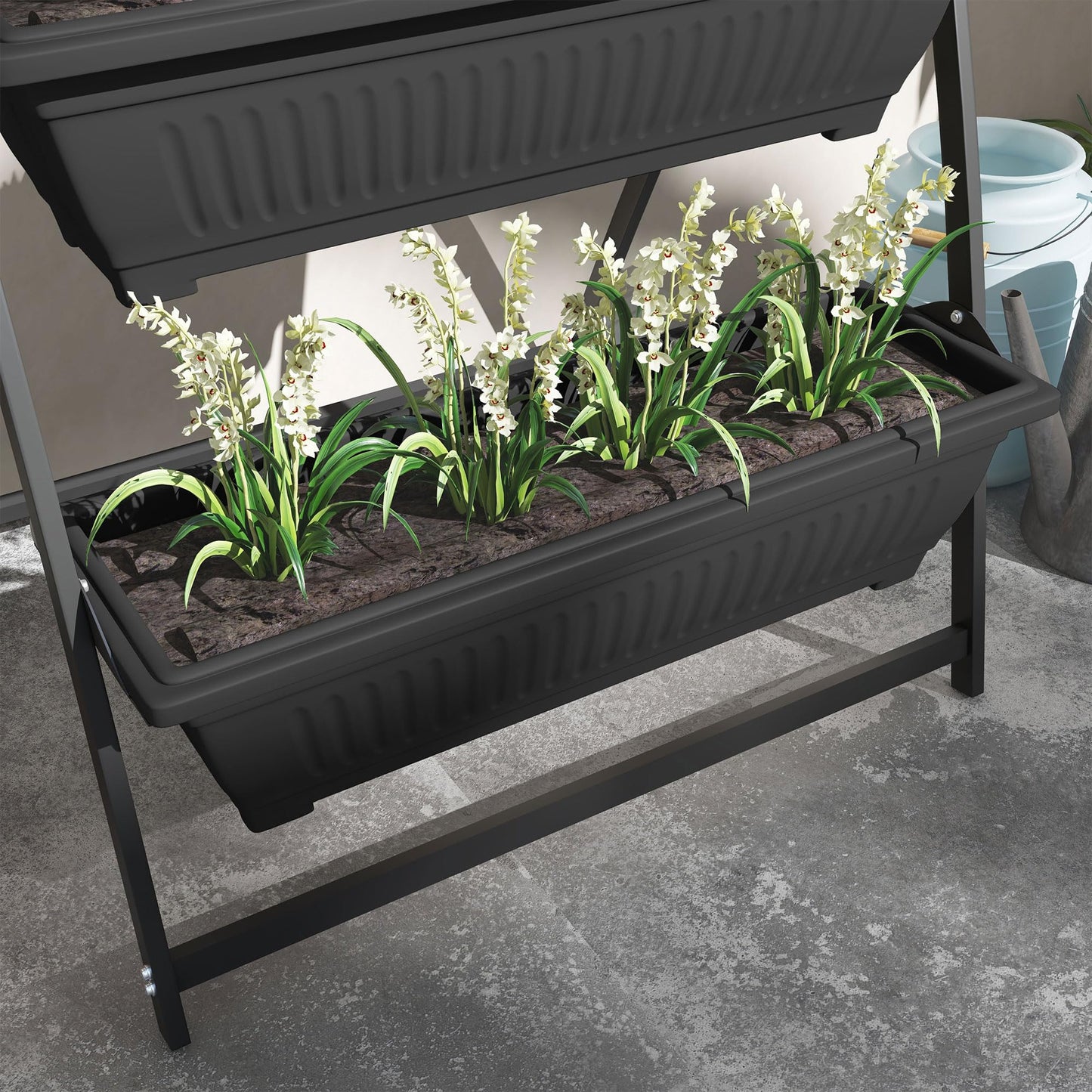 ZEnvya 4-Tier Vertical Raised Garden Bed with Stand - Self-Draining Outdoor Planter Set for Vegetables/Herbs, Black Plastic