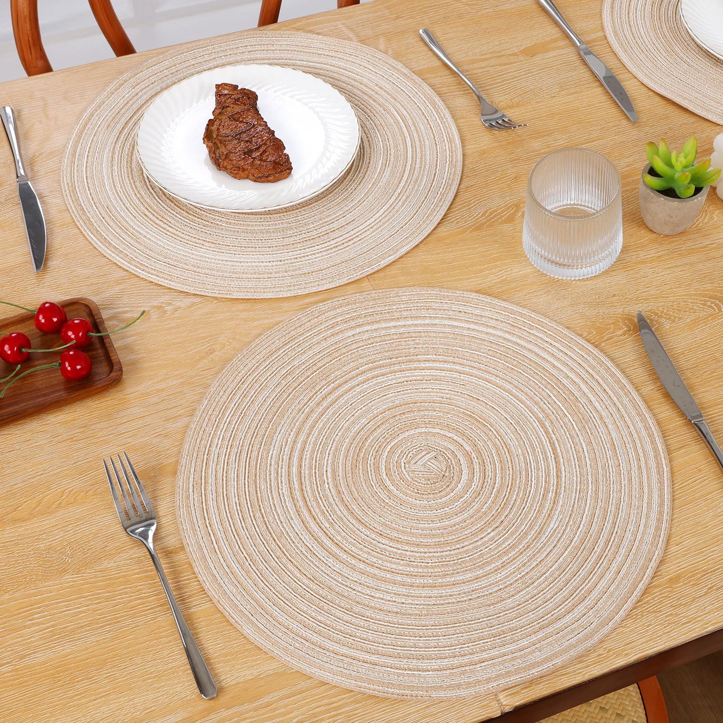 SHACOS 15 inch Round Braided Placemats Set of 6 Non Slip Heat Resistant Cotton Polyester Table Mats Washable Place Mats for Dinner Party Table Decoration (Beige, 6)