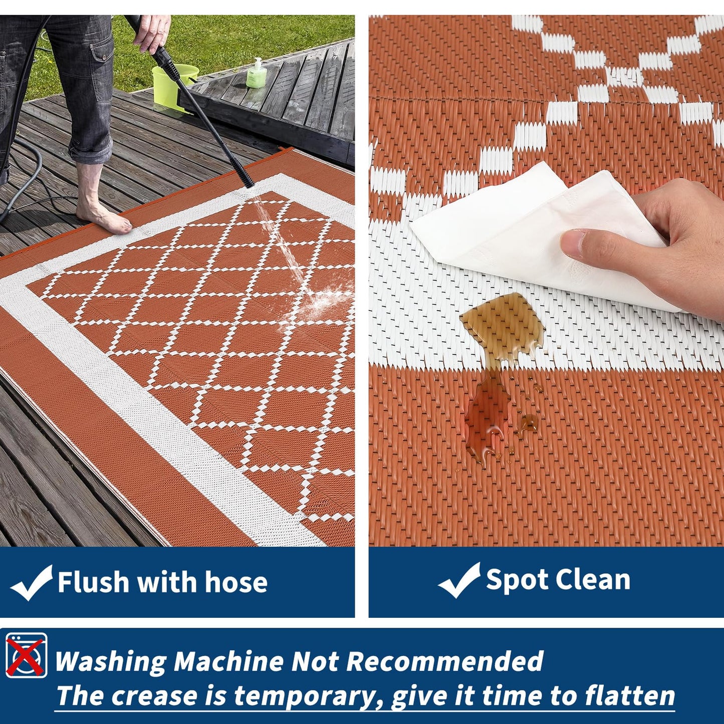 MilleLoom Patio Modern Geometric Outdoor Rug 10x14 Waterproof Large Reversible Camping Mat Foldable Lightweight Plastic Straw Outdoor Rug for Deck, Picnic, Porch, Camper, Balcony, Beach, Rv,Orange