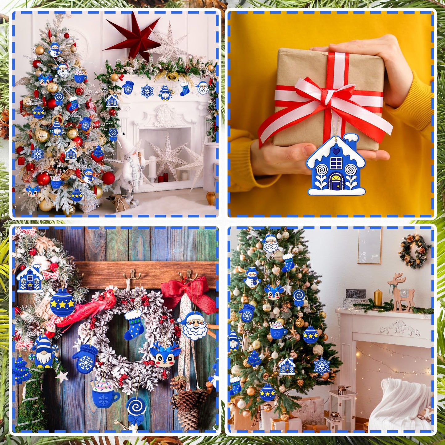 Lunmon 24 Pcs Blue Winter Ornaments PVC Snowman Tree Ornaments Gingerbread House Gnomes Ornament Blue Winter Decorations for Xmas Tree Party Holiday Decor