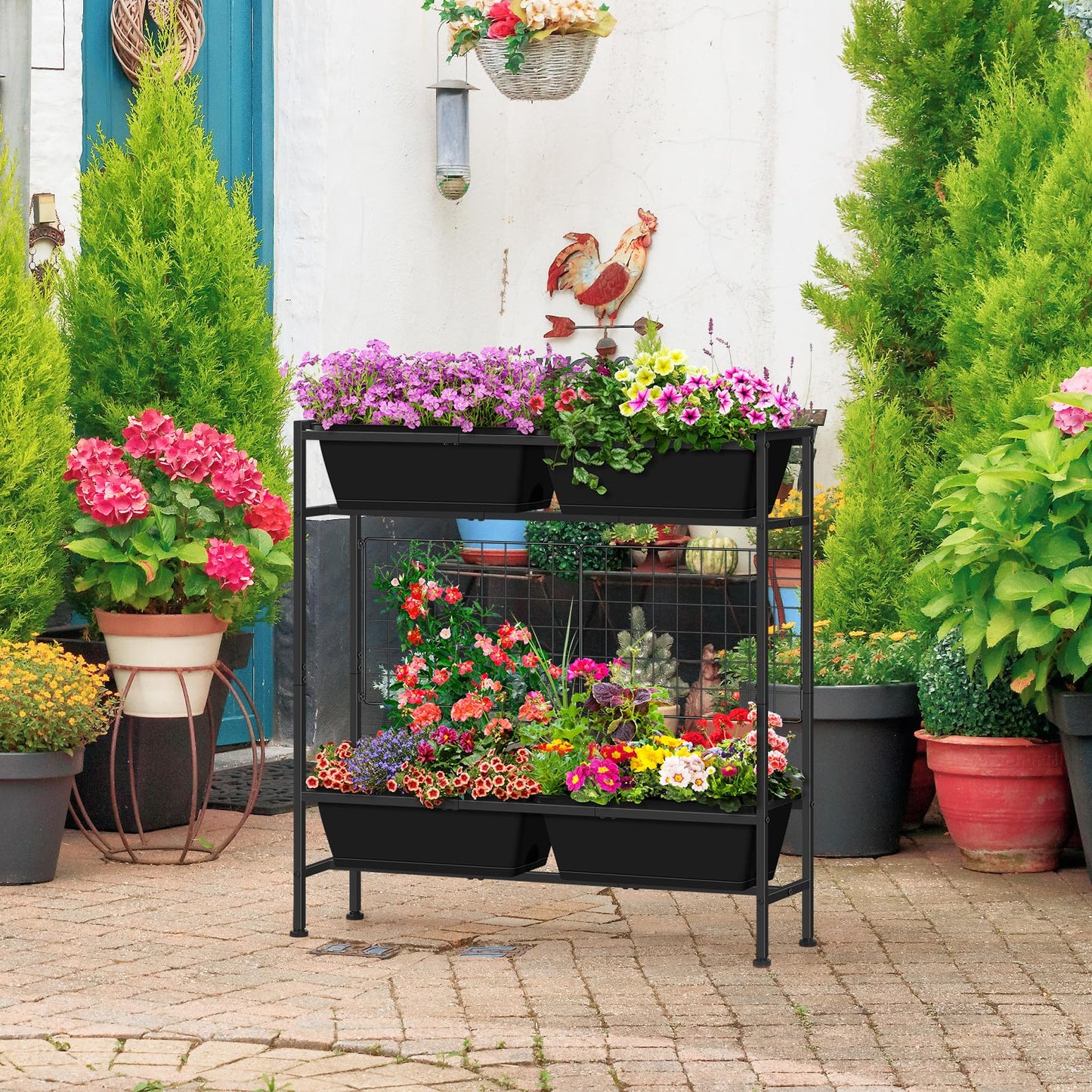 OYEAL Raised Garden Bed 32" Tall Elevated Planter Boxes with Trellis & Legs, Vertical Herb Garden Planter Outdoor for Gardening, Vegetables, Flowers, Herbs, Backyard, Black