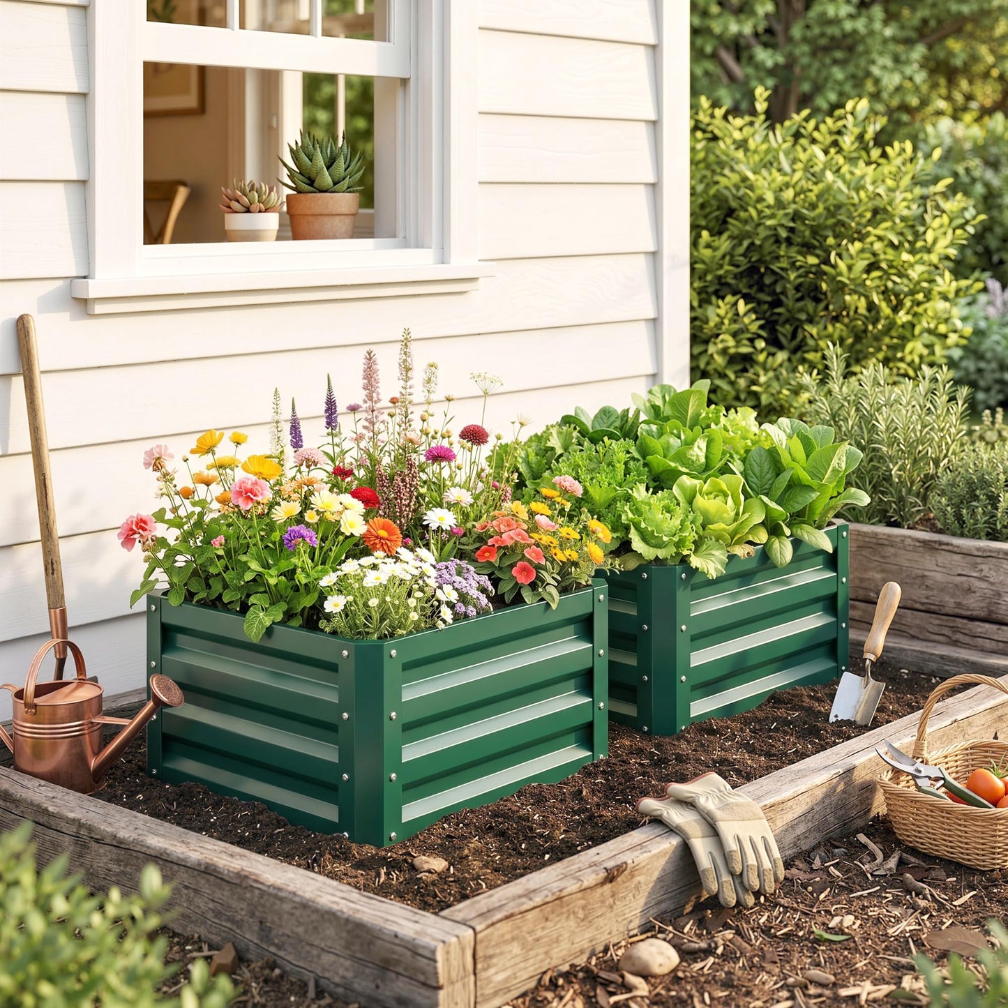 Outsunny 2 Piece Galvanized Raised Garden Bed, 2' x 2' x 1' Metal Planter Box for Growing Vegetables, Flowers, Herbs, Succulents, Green