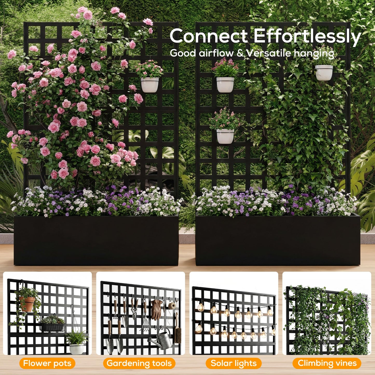 MOMOKOVA Metal Planter Box with Trellis Privacy Screen,46.65" L×12.01" W×70.87" H Raised Garden Bed with Trellis,Drainage Holes Privacy Screen Planter Box for Climbing Plants and Vegetable (Grid)