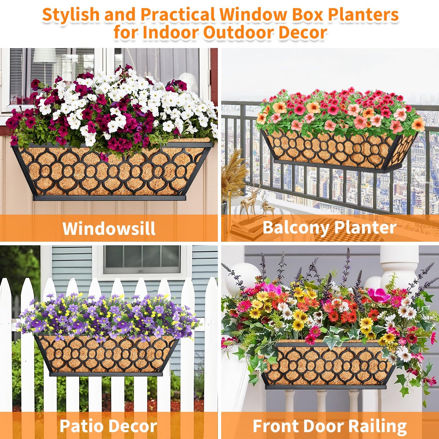 Riare 2 Pack 16 Inch Window Boxes Planters with Coco Liner, Metal Deck Railing Planter Boxes, Balcony Planters Railing Hanging, Horse Trough Window Flower Planter Boxes for Outdoor Porch Fence Patio
