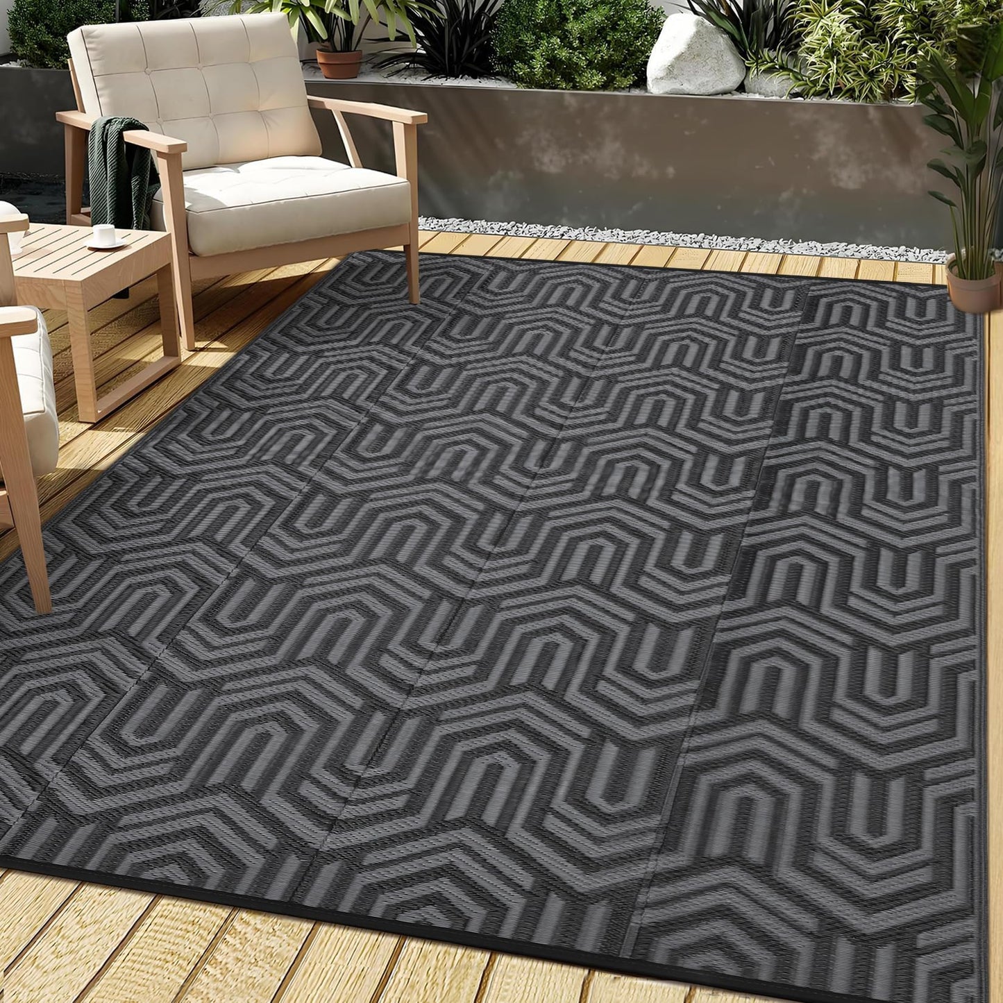 GAOMON 10'x14' Outdoor Rug Waterproof, Reversible Plastic Straw Rug for Poolside, Gazebo, Outdoor Dining Area, Backyard Party – UV Resistant, Heavy Duty, Easy Clean for High Traffic Areas, Black&Grey