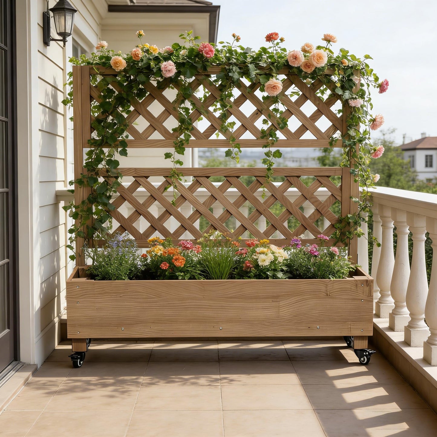 Raised Garden Bed with Wheels Outdoor, Large Garden Planter Box Tomato Flower Pots with Standing Diamond Lattice Trellis for Vegetables Vines Herbs Fruits & Climbing Plants (Grid Upright Trellis)